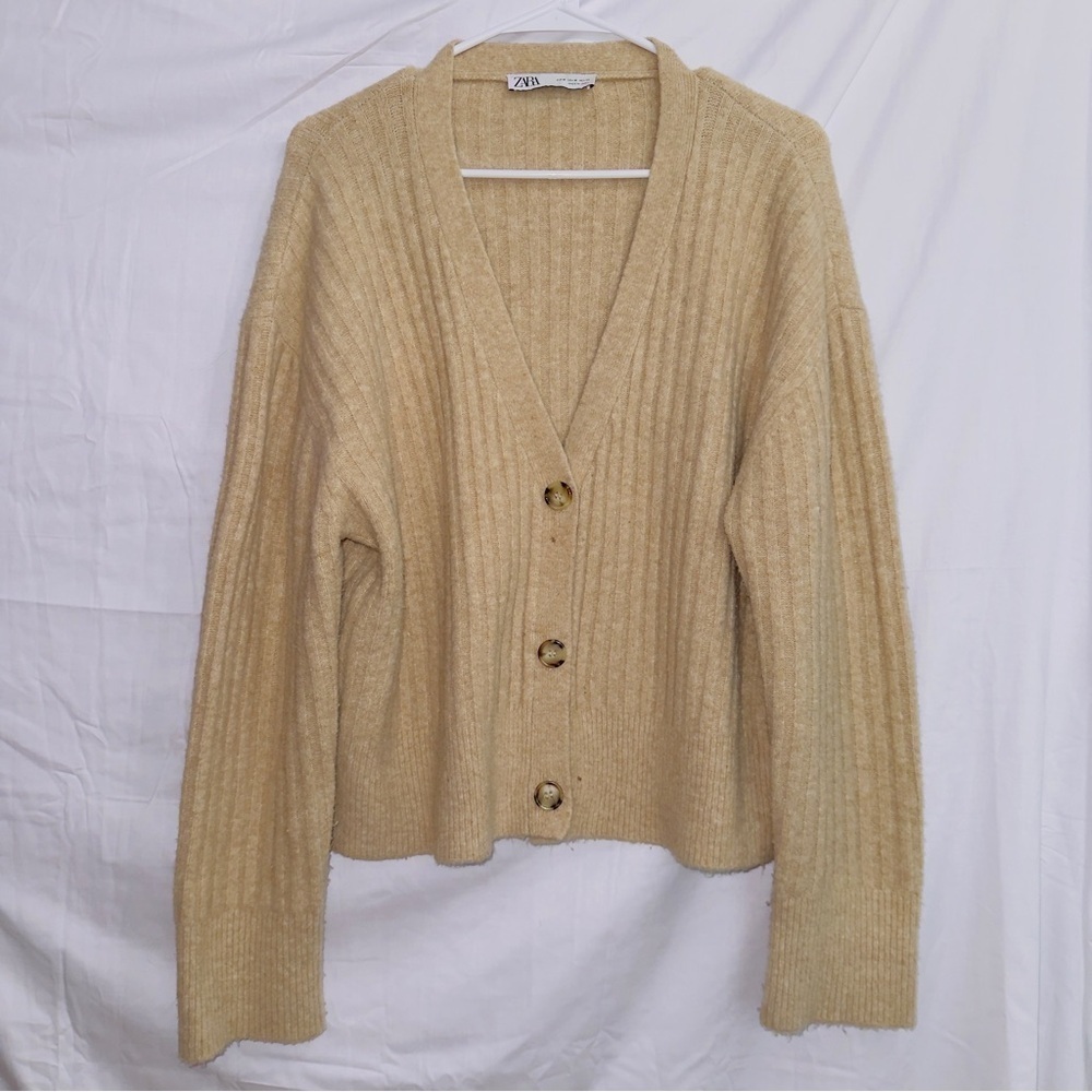 Women’s Zara Brown Chunky Knit Wool Blend Button Front Cardigan size medium
